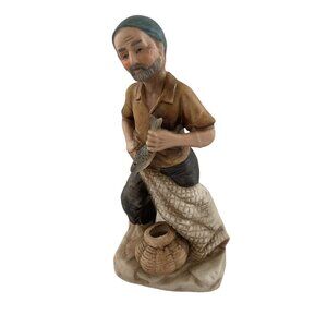 Vintage KSM Porcelain Figurine Old Fisherman Holding Net & Fish Basket REPAIRED